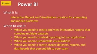 Power BI
What it is:
When to use it:
Interactive Report and Visualization creation for computing
and mobile platforms
• When you need to create and view interactive reports that
combine multiple datasets
• When you need to embed reporting into an application
• When you need customizable visualizations
• When you need to create shared datasets, reports, and
dashboards that you publish to your team
 