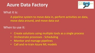 Azure Data Factory
What it is:
When to use it:
A pipeline system to move data in, perform activities on data,
move data around, and move data out
• Create solutions using multiple tools as a single process
• Orchestrate processes - Scheduling
• Monitor and manage pipelines
• Call and re-train Azure ML models
 