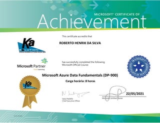 ROBERTO HENRIK DA SILVA
22/05/2021
Microsoft Azure Data Fundamentals (DP-900)
Carga horária: 8 horas
 