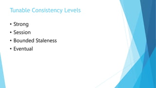 Tunable Consistency Levels
• Strong
• Session
• Bounded Staleness
• Eventual
 
