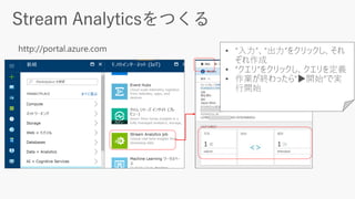• “入力”、“出力”をクリックし、それ
ぞれ作成
• “クエリ”をクリックし、クエリを定義
• 作業が終わったら“▶開始”で実
行開始
 