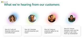 What we’re hearing from our customers
How do I unify all
disparate data sources
cost-effectively?
How do I minimize
security breaches and
risks?
How do I improve
analytical agility for my
organization?
How do I ensure
business users use the
insights to get value
from my investments?
 