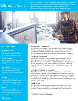 KEY USE CASES
WEB APPLICATIONS
Build anything from lightweight
websites to multi-tier cloud services
that scale up as your traffic grows.
CLOUD STORAGE
Rely on geo-redundant cloud storage
for backup, archiving, and disaster
recovery.
BIG DATA & HPC
Get actionable insights from your data
by taking advantage of a fully
compatible enterprise-ready Hadoop
service.
MOBILE
Accelerate your mobile app
development by using a backend
hosted on Microsoft Azure. Scale
instantly as your install base grows.
MEDIA
Create, manage, and distribute media
in the cloud – everything from
encoding to content protection to
streaming and analytics support.
FLEXIBLE APPLICATION MODEL
Microsoft Azure provides a rich set of application services, including SDKs,
caching, messaging, and identity. You can write applications in .NET, PHP, Java,
node.js, Python, Ruby, or using open REST protocols. This is all part of
Microsoft’s promise to let you build using any language, tool, or framework.
ALWAYS ON, ALWAYS HERE
Build resilient applications with automatic operating system and service
updating, built-in network load balancing, and geo-redundant storage.
Microsoft Azure also proudly delivers a 99.95% monthly SLA. You can rely on
decades of experience in data center operations and trust that everything
Microsoft Azure offers is backed by industry certifications for security and
compliance.
DATA CENTER WITHOUT BOUNDARIES
Microsoft Azure makes it easy for you to integrate your on-premises IT
environment with the public cloud. Migrate your virtual machines to Microsoft
Azure without the need to convert them to a different format. Use the robust
messaging and networking capabilities in Microsoft Azure to deliver hybrid
solutions, and then manage your hybrid applications from a single console with
Microsoft System Center.
GLOBAL REACH
With data centers around the globe, a massive investment in data center
innovation, and a worldwide Content Delivery Network, you can build
applications that provide the best experience for users, wherever they are.
Learn more: www.microsoftazure.com
© 2016 Microsoft Corporation. All rights reserved.
Microsoft Azure
Microsoft Azure is an open and flexible cloud platform that enables
you to quickly build, deploy, scale, and manage applications across
a global network of Microsoft data centers. You can build
applications using multiple languages, tools, and frameworks.
 