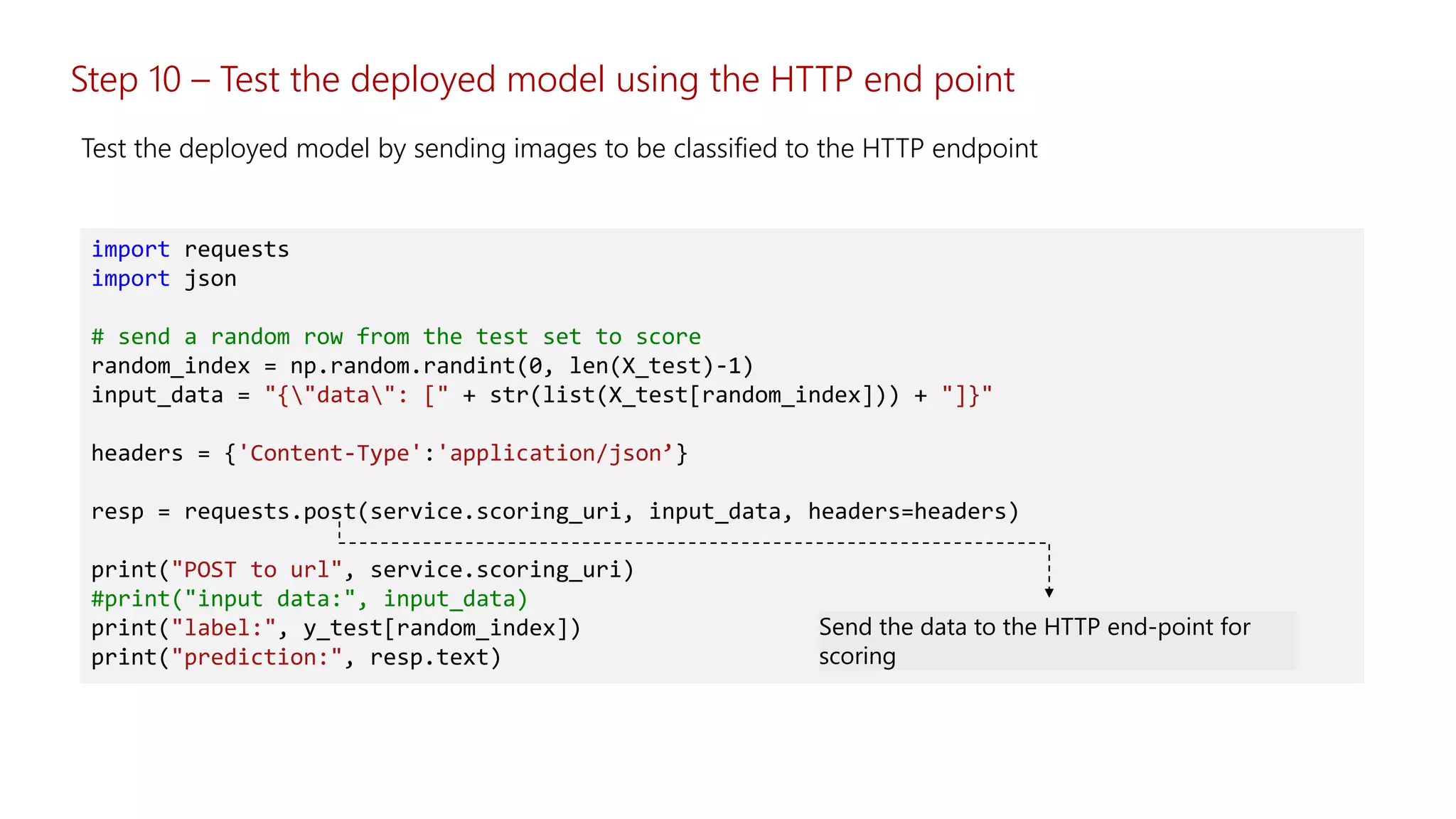 Step 10 – Test the deployed model using the HTTP end point
Test the deployed model by sending images to be classified to the HTTP endpoint
import requests
import json
# send a random row from the test set to score
random_index = np.random.randint(0, len(X_test)-1)
input_data = "{"data": [" + str(list(X_test[random_index])) + "]}"
headers = {'Content-Type':'application/json’}
resp = requests.post(service.scoring_uri, input_data, headers=headers)
print("POST to url", service.scoring_uri)
#print("input data:", input_data)
print("label:", y_test[random_index])
print("prediction:", resp.text)
 