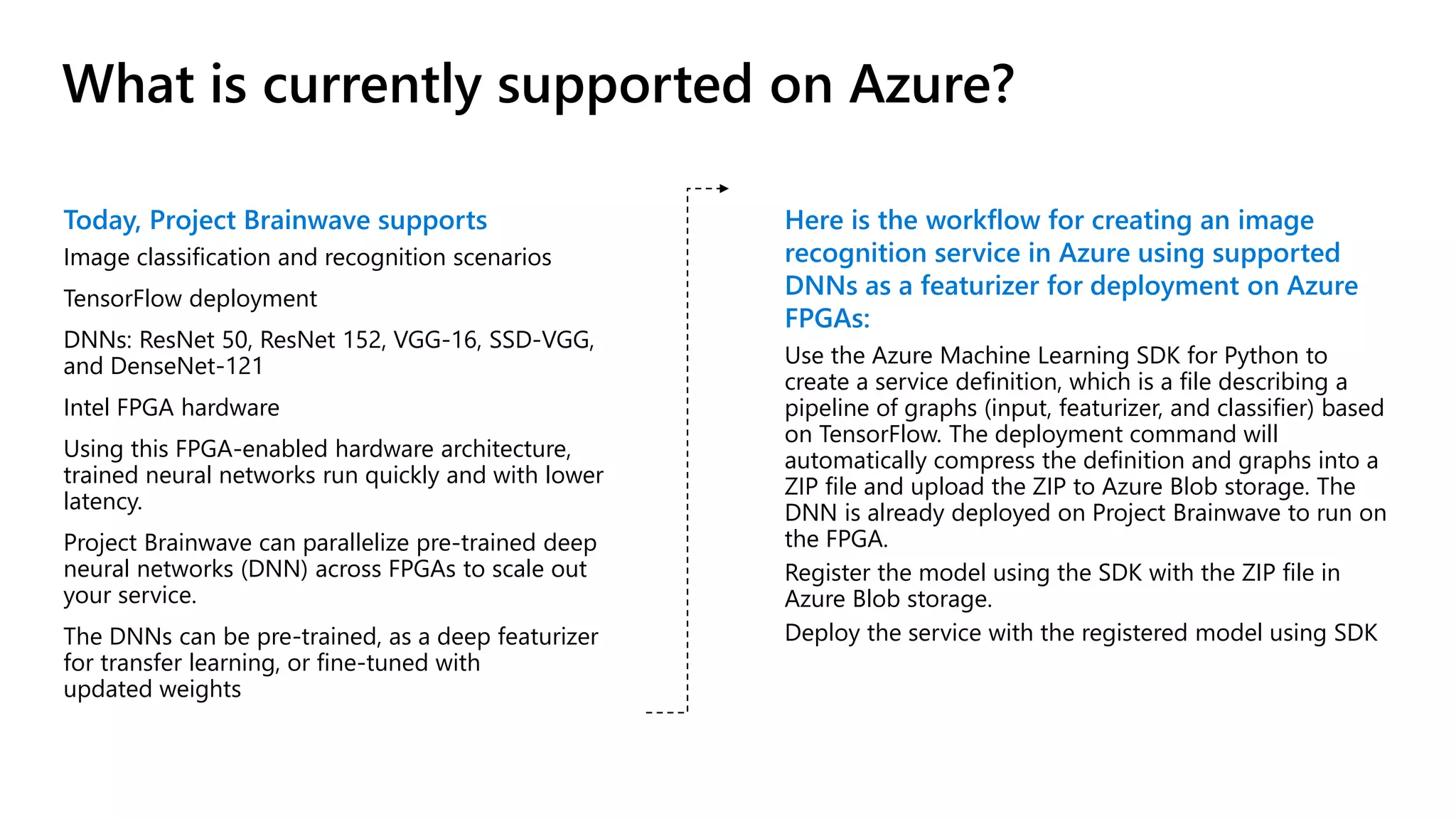 What is currently supported on Azure?
Today, Project Brainwave supports
Image classification and recognition scenarios
TensorFlow deployment
DNNs: ResNet 50, ResNet 152, VGG-16, SSD-VGG,
and DenseNet-121
Intel FPGA hardware
Using this FPGA-enabled hardware architecture,
trained neural networks run quickly and with lower
latency.
Project Brainwave can parallelize pre-trained deep
neural networks (DNN) across FPGAs to scale out
your service.
The DNNs can be pre-trained, as a deep featurizer
for transfer learning, or fine-tuned with
updated weights
Here is the workflow for creating an image
recognition service in Azure using supported
DNNs as a featurizer for deployment on Azure
FPGAs:
Use the Azure Machine Learning SDK for Python to
create a service definition, which is a file describing a
pipeline of graphs (input, featurizer, and classifier) based
on TensorFlow. The deployment command will
automatically compress the definition and graphs into a
ZIP file and upload the ZIP to Azure Blob storage. The
DNN is already deployed on Project Brainwave to run on
the FPGA.
Register the model using the SDK with the ZIP file in
Azure Blob storage.
Deploy the service with the registered model using SDK
 
