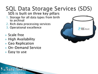 SDS is built on three key pillars
1. Storage for all data types from birth
   to archival
2. Rich data processing services
3. Operational excellence

   Scale free
   High Availability
   Geo Replication
   On-Demand Service
   Easy to use
 