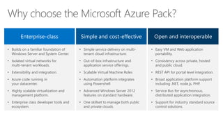 Why choose the Microsoft Azure Pack?
Enterprise-class Simple and cost-effective Open and interoperable
• Builds on a familiar foundation of
Windows Server and System Center.
• Isolated virtual networks for
multi-tenant workloads.
• Extensibility and integration.
• Azure code running in
your datacenter.
• Highly scalable virtualization and
management platform.
• Enterprise class developer tools and
ecosystem.
• Simple service delivery on multi-
tenant cloud infrastructure.
• Out-of-box infrastructure and
application service offerings.
• Scalable Virtual Machine Roles
• Automation platform integrates
using Powershell
• Advanced Windows Server 2012
features on standard hardware.
• One skillset to manage both public
and private clouds.
• Easy VM and Web application
portability.
• Consistency across private, hosted
and public cloud.
• REST API for portal level integration.
• Broad application platform support
including .NET, node.js, PHP.
• Service Bus for asynchronous,
distributed application integration.
• Support for industry standard source
control solutions.
 
