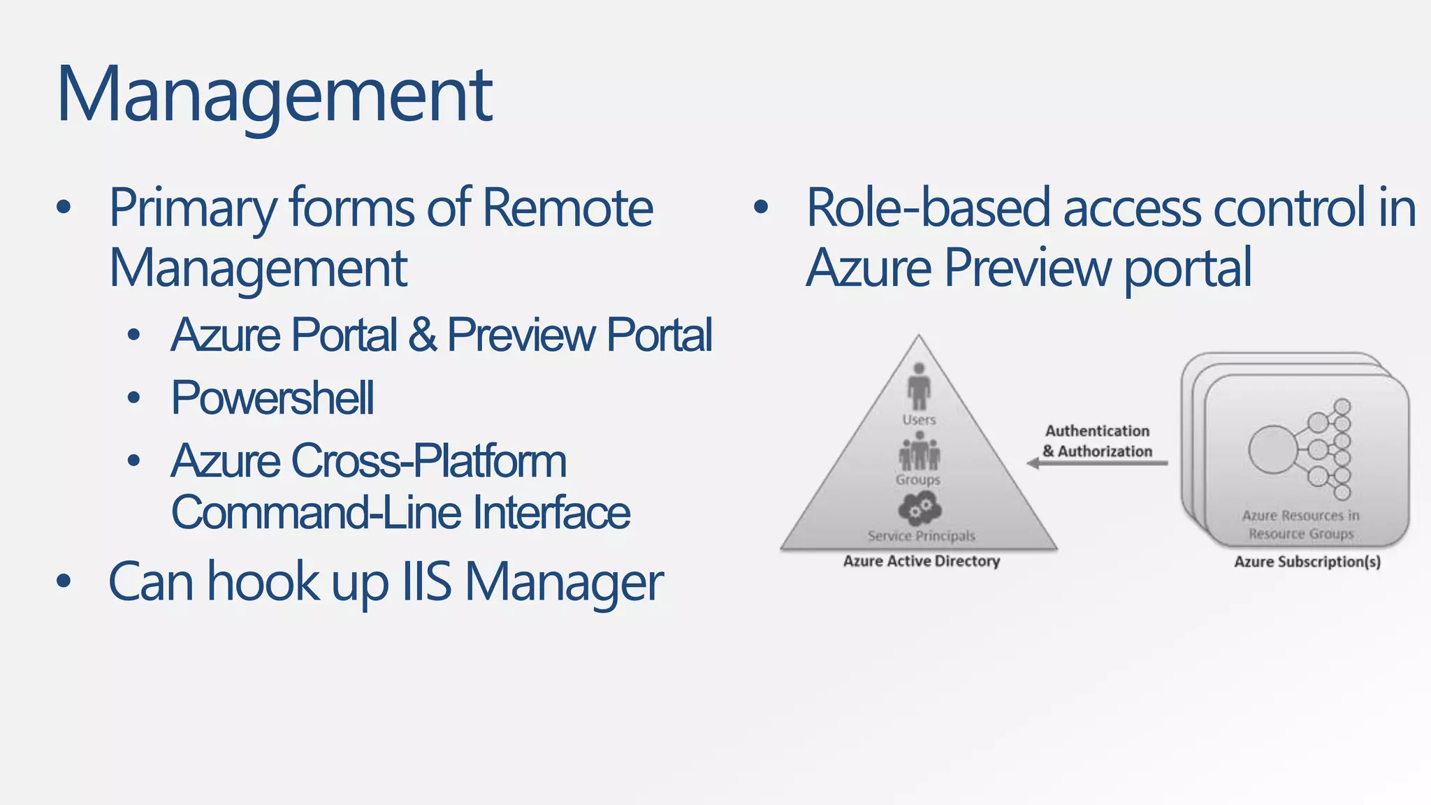 Management 
• Primary forms of Remote 
Management 
• Azure Portal & Preview Portal 
• Powershell 
• Azure Cross-Platform 
Command-Line Interface 
• Can hook up IIS Manager 
• Role-based access control in 
Azure Preview portal 
 