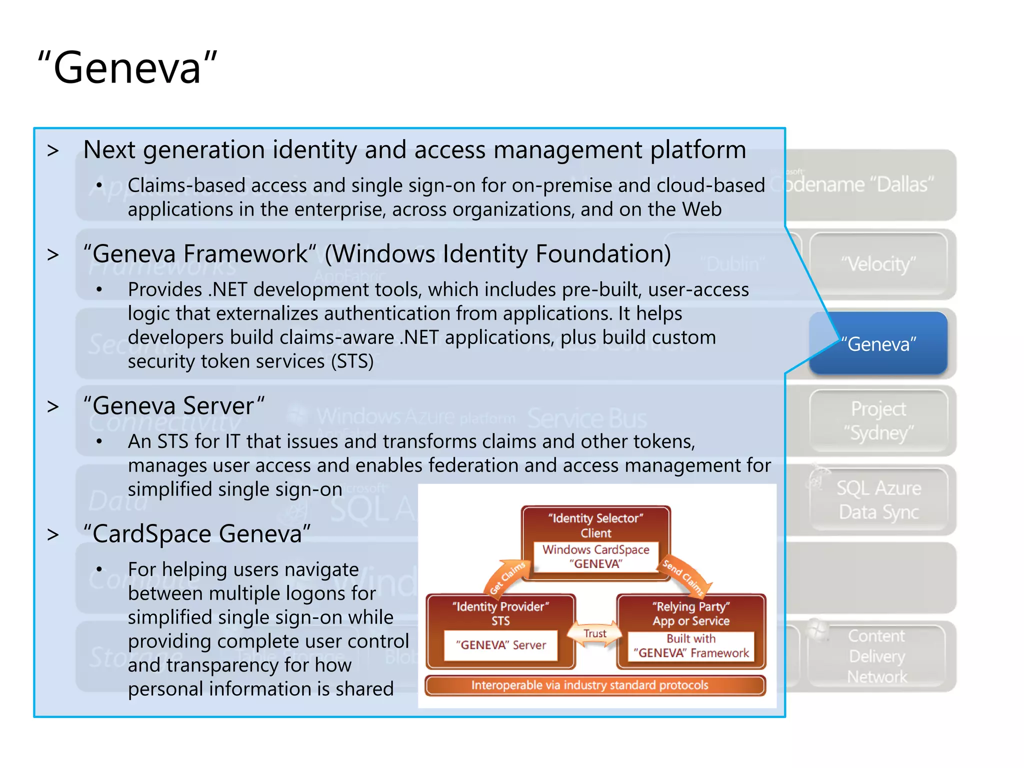 “Geneva”
“Geneva”
> Next generation identity and access management platform
• Claims-based access and single sign-on for on-premise and cloud-based
applications in the enterprise, across organizations, and on the Web
> “Geneva Framework“ (Windows Identity Foundation)
• Provides .NET development tools, which includes pre-built, user-access
logic that externalizes authentication from applications. It helps
developers build claims-aware .NET applications, plus build custom
security token services (STS)
> “Geneva Server“
• An STS for IT that issues and transforms claims and other tokens,
manages user access and enables federation and access management for
simplified single sign-on
> “CardSpace Geneva”
• For helping users navigate
between multiple logons for
simplified single sign-on while
providing complete user control
and transparency for how
personal information is shared
 