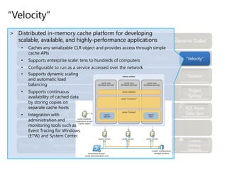 “Velocity”
“Velocity”
> Distributed in-memory cache platform for developing
scalable, available, and highly-performance applications
• Caches any serializable CLR object and provides access through simple
cache APIs
• Supports enterprise scale: tens to hundreds of computers
• Configurable to run as a service accessed over the network
• Supports dynamic scaling
and automatic load
balancing
• Supports continuous
availability of cached data
by storing copies on
separate cache hosts
• Integration with
administration and
monitoring tools such as
Event Tracing for Windows
(ETW) and System Center.
 