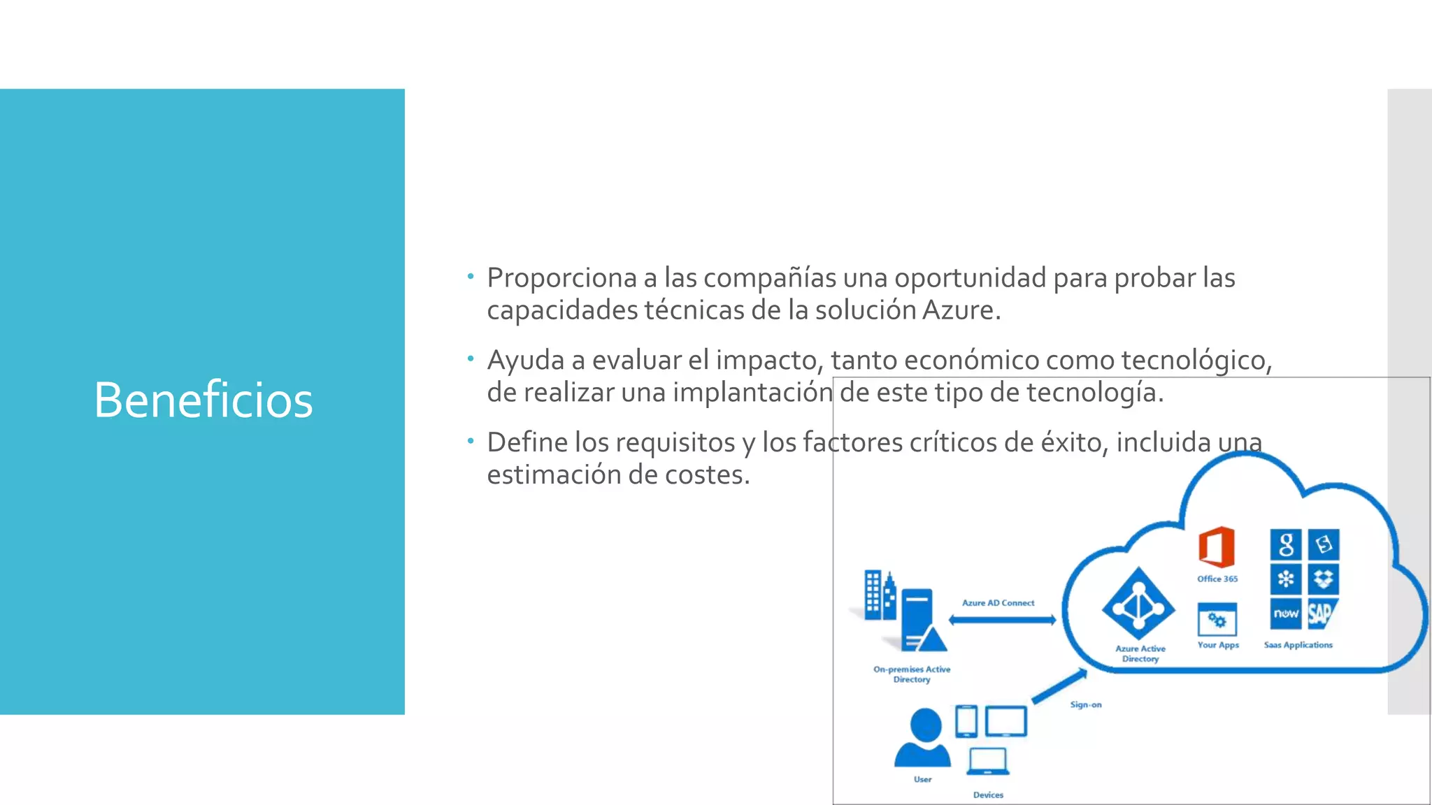 Beneficios
 Proporciona a las compañías una oportunidad para probar las
capacidades técnicas de la soluciónAzure.
 Ayuda a evaluar el impacto, tanto económico como tecnológico,
de realizar una implantación de este tipo de tecnología.
 Define los requisitos y los factores críticos de éxito, incluida una
estimación de costes.
 