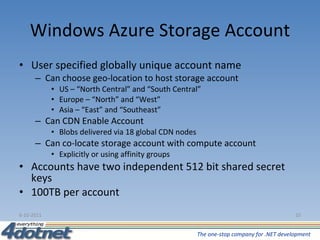 Windows Azure Storage Account User specified globally unique account name Can choose geo-location to host storage account US – “North Central” and “South Central” Europe – “North” and “West” Asia – “East” and “Southeast” Can CDN Enable Account Blobs delivered via 18 global CDN nodes Can co-locate storage account with compute account Explicitly or using affinity groups Accounts have two independent 512 bit shared secret keys 100TB per account 6-10-2011 