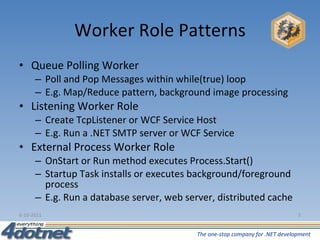 Worker Role Patterns Queue Polling Worker Poll and Pop Messages within while(true) loop E.g. Map/Reduce pattern, background image processing Listening Worker Role Create TcpListener or WCF Service Host E.g. Run a .NET SMTP server or WCF Service External Process Worker Role OnStart or Run method executes Process.Start() Startup Task installs or executes background/foreground process E.g. Run a database server, web server, distributed cache 6-10-2011 