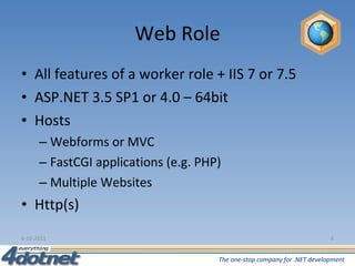 Web Role All features of a worker role + IIS 7 or 7.5 ASP.NET 3.5 SP1 or 4.0 – 64bit Hosts Webforms or MVC FastCGI applications (e.g. PHP) Multiple Websites Http(s) 6-10-2011 