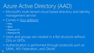 • Microsoft’s multi-tenant cloud based directory and identity
management service
• Comes in four editions
• Free
• Basic
• Premium P1
• Premium P2
• Users and groups are created in a flat structure without
OUs or GPOs
• Authentication is performed through protocols such as
SAML, WS-Federation, and OAuth
Azure Active Directory (AAD)
 