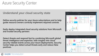 Azure Security Center
Understand your cloud security state
Define security policies for your Azure subscriptions and to help
guide resource owners correctly implement required controls
Easily deploy integrated cloud security solutions from Microsoft
and trusted security partners
Detect threats and respond fast by combining Microsoft global
threat intelligence and expertise, with insights into cloud
security-related events across your Azure deployments, Security
Center helps you detect actual threats early and reduce false
positives.
 