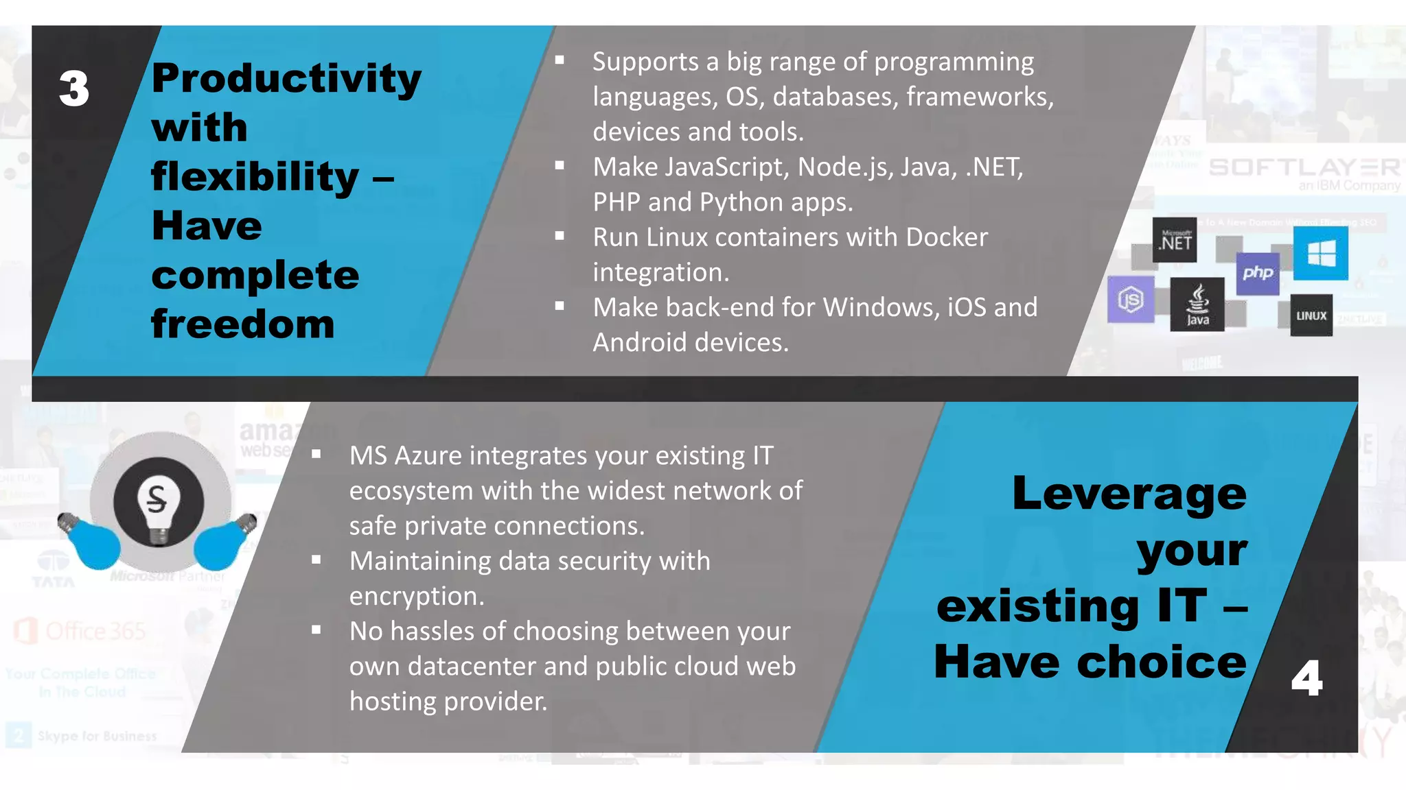 v
Productivity
with
flexibility –
Have
complete
freedom
Leverage
your
existing IT –
Have choice
 Supports a big range of programming
languages, OS, databases, frameworks,
devices and tools.
 Make JavaScript, Node.js, Java, .NET,
PHP and Python apps.
 Run Linux containers with Docker
integration.
 Make back-end for Windows, iOS and
Android devices.
3
4
 MS Azure integrates your existing IT
ecosystem with the widest network of
safe private connections.
 Maintaining data security with
encryption.
 No hassles of choosing between your
own datacenter and public cloud web
hosting provider.
 
