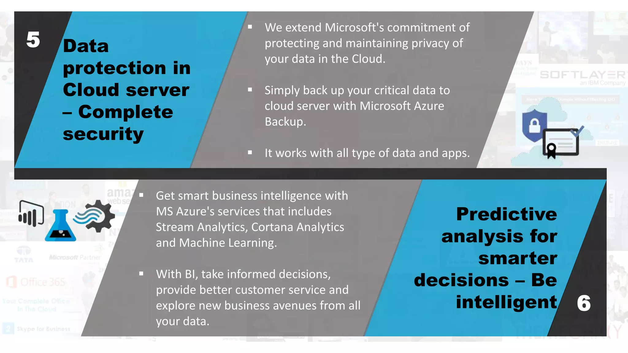 Data
protection in
Cloud server
– Complete
security
Predictive
analysis for
smarter
decisions – Be
intelligent
 We extend Microsoft's commitment of
protecting and maintaining privacy of
your data in the Cloud.
 Simply back up your critical data to
cloud server with Microsoft Azure
Backup.
 It works with all type of data and apps.
5
6
 Get smart business intelligence with
MS Azure's services that includes
Stream Analytics, Cortana Analytics
and Machine Learning.
 With BI, take informed decisions,
provide better customer service and
explore new business avenues from all
your data.
 