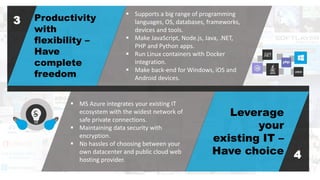 v
Productivity
with
flexibility –
Have
complete
freedom
Leverage
your
existing IT –
Have choice
 Supports a big range of programming
languages, OS, databases, frameworks,
devices and tools.
 Make JavaScript, Node.js, Java, .NET,
PHP and Python apps.
 Run Linux containers with Docker
integration.
 Make back-end for Windows, iOS and
Android devices.
3
4
 MS Azure integrates your existing IT
ecosystem with the widest network of
safe private connections.
 Maintaining data security with
encryption.
 No hassles of choosing between your
own datacenter and public cloud web
hosting provider.
 