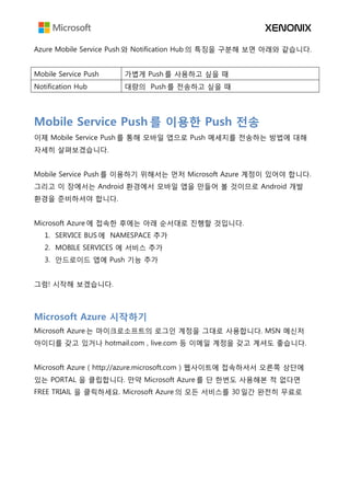 Azure Mobile Service Push 와 Notification Hub 의 특징을 구분해 보면 아래와 같습니다.
Mobile Service Push 가볍게 Push 를 사용하고 싶을 때
Notification Hub 대량의 Push 를 전송하고 싶을 때
Mobile Service Push 를 이용한 Push 전송
이제 Mobile Service Push 를 통해 모바일 앱으로 Push 메세지를 전송하는 방법에 대해
자세히 살펴보겠습니다.
Mobile Service Push 를 이용하기 위해서는 먼저 Microsoft Azure 계정이 있어야 합니다.
그리고 이 장에서는 Android 환경에서 모바일 앱을 만들어 볼 것이므로 Android 개발
환경을 준비하셔야 합니다.
Microsoft Azure 에 접속한 후에는 아래 순서대로 진행할 것입니다.
1. SERVICE BUS 에 NAMESPACE 추가
2. MOBILE SERVICES 에 서비스 추가
3. 안드로이드 앱에 Push 기능 추가
그럼! 시작해 보겠습니다.
Microsoft Azure 시작하기
Microsoft Azure 는 마이크로소프트의 로그인 계정을 그대로 사용합니다. MSN 메신저
아이디를 갖고 있거나 hotmail.com , live.com 등 이메일 계정을 갖고 계셔도 좋습니다.
Microsoft Azure ( http://azure.microsoft.com ) 웹사이트에 접속하셔서 오른쪽 상단에
있는 PORTAL 을 클립합니다. 만약 Microsoft Azure 를 단 한번도 사용해본 적 없다면
FREE TRIAlL 을 클릭하세요. Microsoft Azure 의 모든 서비스를 30 일간 완전히 무료로
 