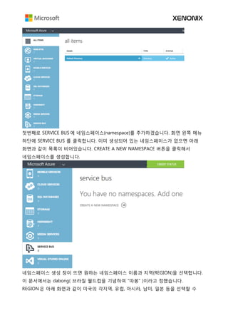 첫번째로 SERVICE BUS 에 네임스페이스(namespace)를 추가하겠습니다. 화면 왼쪽 메뉴
하단에 SERVICE BUS 를 클릭합니다. 이미 생성되어 있는 네임스페이스가 없으면 아래
화면과 같이 목록이 비어있습니다. CREATE A NEW NAMESPACE 버튼을 클릭해서
네임스페이스를 생성합니다.
네임스페이스 생성 창이 뜨면 원하는 네임스페이스 이름과 지역(REGION)을 선택합니다.
이 문서에서는 dabong( 브라질 월드컵을 기념하여 "따봉" )이라고 정했습니다.
REGION 은 아래 화면과 같이 미국의 각지역, 유럽, 아시라, 남미, 일본 등을 선택할 수
 