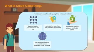 Here are some ways Cloud Computing helps make our lives better:
Services for every
requirement the user
has
Provides cost effective
solutions with flexible
pricing
Data and applications are
accessible to users
regardless of their locations
Access to the newest and
most innovative technologies
What is Cloud Computing?
 