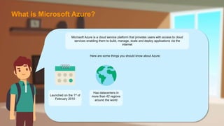 Here are some things you should know about Azure:
Launched on the 1st of
February 2010
Has datacenters in
more than 42 regions
around the world
What is Microsoft Azure?
Microsoft Azure is a cloud service platform that provides users with access to cloud
services enabling them to build, manage, scale and deploy applications via the
internet
 