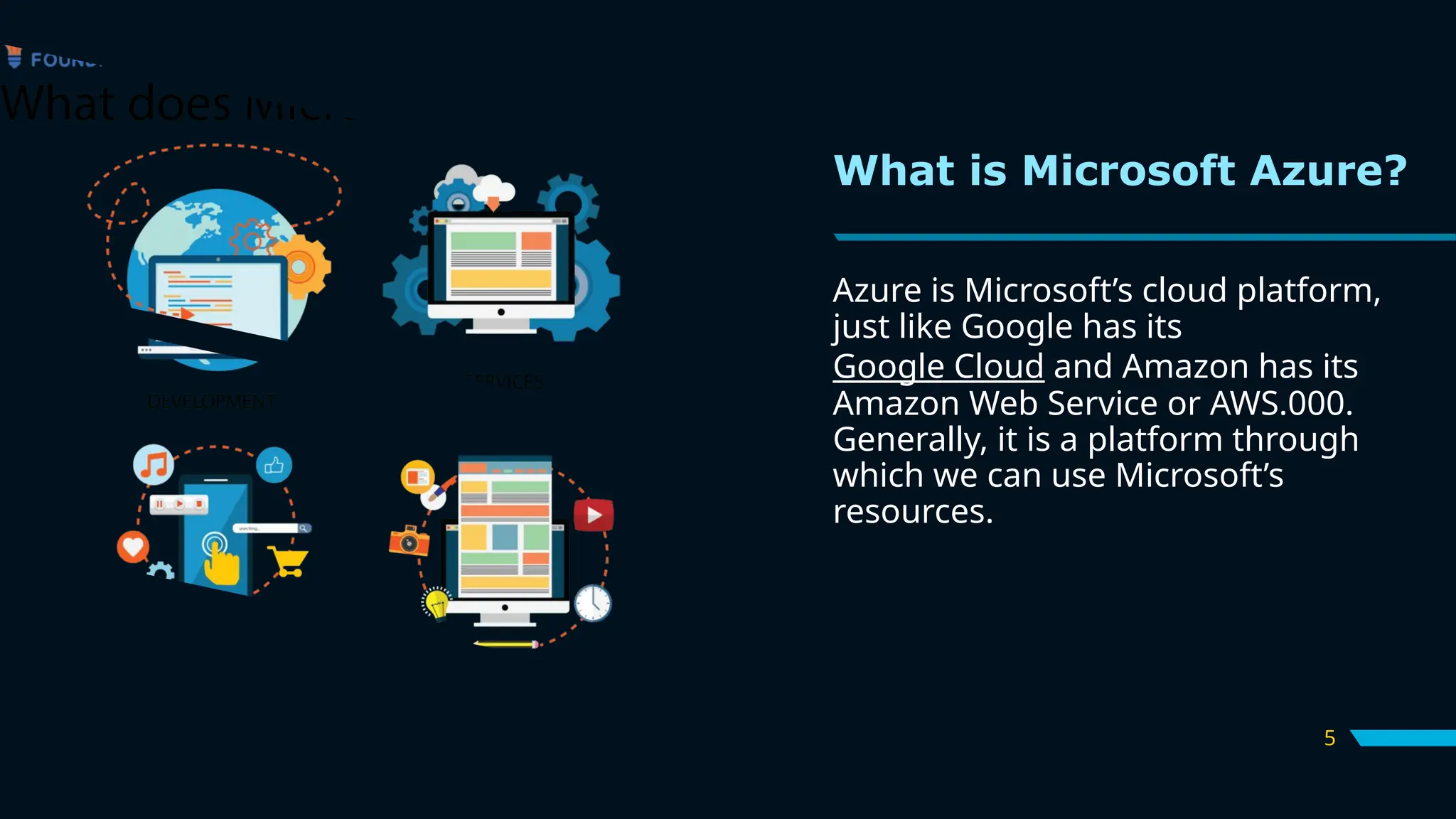 5
What is Microsoft Azure?
Azure is Microsoft’s cloud platform,
just like Google has its
Google Cloud and Amazon has its
Amazon Web Service or AWS.000.
Generally, it is a platform through
which we can use Microsoft’s
resources.
 