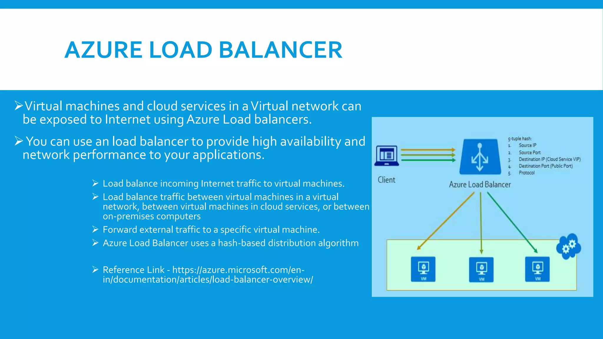 AZURE LOAD BALANCER
Virtual machines and cloud services in aVirtual network can
be exposed to Internet using Azure Load balancers.
You can use an load balancer to provide high availability and
network performance to your applications.
 Load balance incoming Internet traffic to virtual machines.
 Load balance traffic between virtual machines in a virtual
network, between virtual machines in cloud services, or between
on-premises computers
 Forward external traffic to a specific virtual machine.
 Azure Load Balancer uses a hash-based distribution algorithm
 Reference Link - https://azure.microsoft.com/en-
in/documentation/articles/load-balancer-overview/
 