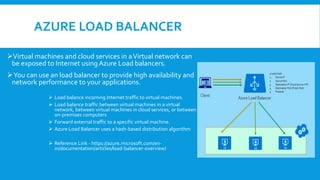 AZURE LOAD BALANCER
Virtual machines and cloud services in aVirtual network can
be exposed to Internet using Azure Load balancers.
You can use an load balancer to provide high availability and
network performance to your applications.
 Load balance incoming Internet traffic to virtual machines.
 Load balance traffic between virtual machines in a virtual
network, between virtual machines in cloud services, or between
on-premises computers
 Forward external traffic to a specific virtual machine.
 Azure Load Balancer uses a hash-based distribution algorithm
 Reference Link - https://azure.microsoft.com/en-
in/documentation/articles/load-balancer-overview/
 