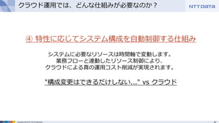 23Copyright © 2015 NTT DATA Corporation
クラウド運用では、どんな仕組みが必要なのか？
④ 特性に応じてシステム構成を自動制御する仕組み
システムに必要なリソースは時間軸で変動します。
業務フローと連動したリソース制御により、
クラウドによる真の運用コスト削減が実現されます。
"構成変更はできるだけしない..." vs クラウド
 