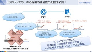 29Copyright © 2015 NTT DATA Corporation
とはいっても、ある程度の健全性の把握は必要！
アプリ データレスポンスが悪い
アプリケーションの
レスポンスタイムの推移
SQL Databaseの
レスポンスタイムの推移
状態の捉え方が、
IaaSと同じとは限らないことに注意
データファイルへのI/O
DBの調子が
影響していてそうだ
うまくキャッシュに
ヒットしていない？
確かに遅くなっている
 