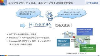 40Copyright © 2015 NTT DATA Corporation
ミッションクリティカル・エンタープライズ領域でも安心
きちんとしたサポートが
無いと安心して使えない・・・
とめられないシステムの
運用はできるかな・・・
なら大丈夫！
• NTTデータが責任をもって開発
• Hinemosパートナー各社が保守サポートを提供
• Hinemos HA オプション など、ミッションクリ
ティカル向けの機能も充実
Hinemos HA オプション
万が一障害が発生してしまった際にも
自動的に運用を継続できます。
ユーザへの自動通知と既定の復旧手順により
サービスを止めない障害復旧が可能です。
障害発生時も
サービスを止めずに復旧可能
障害発生時も自動で運用継続
設定が複雑なクラスタリングソフトや
高価な共有ディスクを使わず
HAクラスタを実現します。
特殊なハードウェアや
ソフトウェアが不要
 