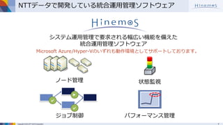 7Copyright © 2015 NTT DATA Corporation
NTTデータで開発している統合運用管理ソフトウェア
状態監視
ジョブ制御
ノード管理
パフォーマンス管理
システム運用管理で要求される幅広い機能を備えた
統合運用管理ソフトウェア
✔
✔
▲
Microsoft Azure/Hyper-Vのいずれも動作環境としてサポートしております。
 