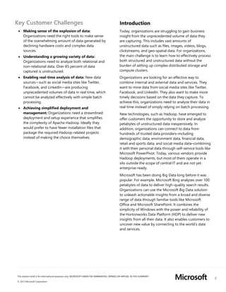 2
This solution brief is for informational purposes only. MICROSOFT MAKES NO WARRANTIES, EXPRESS OR IMPLIED, IN THIS SUMMARY.
© 2012 Microsoft Corporation
Key Customer Challenges
 Making sense of the explosion of data:
Organizations need the right tools to make sense
of the overwhelming amount of data generated by
declining hardware costs and complex data
sources.
 Understanding a growing variety of data:
Organizations need to analyze both relational and
non-relational data. Over 85 percent of data
captured is unstructured.
 Enabling real-time analysis of data: New data
sources—such as social media sites like Twitter,
Facebook, and LinkedIn—are producing
unprecedented volumes of data in real time, which
cannot be analyzed effectively with simple batch
processing.
 Achieving simplified deployment and
management: Organizations need a streamlined
deployment and setup experience that simplifies
the complexity of Apache Hadoop. Ideally they
would prefer to have fewer installation files that
package the required Hadoop-related projects
instead of making the choice themselves.
Introduction
Today, organizations are struggling to gain business
insight from the unprecedented volume of data they
are capturing. This includes vast amounts of
unstructured data such as files, images, videos, blogs,
clickstreams, and geo-spatial data. For organizations,
the main challenge is to learn how to effectively process
both structured and unstructured data without the
burden of setting up complex distributed storage and
compute clusters.
Organizations are looking for an effective way to
combine internal and external data and services. They
want to mine data from social media sites like Twitter,
Facebook, and LinkedIn. They also want to make more
timely decisions based on the data they capture. To
achieve this, organizations need to analyze their data in
real time instead of simply relying on batch processing.
New technologies, such as Hadoop, have emerged to
offer customers the opportunity to store and analyze
petabytes of unstructured data inexpensively. In
addition, organizations can connect to data from
hundreds of trusted data providers–including
demographic data, environment data, financial data,
retail and sports data, and social media data–combining
it with their personal data through self-service tools like
Microsoft PowerPivot. Today, various vendors provide
Hadoop deployments, but most of them operate in a
silo outside the scope of central IT and are not yet
enterprise-ready.
Microsoft has been doing Big Data long before it was
popular. For example, Microsoft Bing analyzes over 100
petabytes of data to deliver high-quality search results.
Organizations can use the Microsoft Big Data solution
to unleash actionable insights from a broad and diverse
range of data through familiar tools like Microsoft
Office and Microsoft SharePoint. It combines the
simplicity of Windows with the power and reliability of
the Hortonworks Data Platform (HDP) to deliver new
insights from all their data. It also enables customers to
uncover new value by connecting to the world’s data
and services.
 