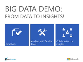 BIG DATA DEMO:
FROM DATA TO INSIGHTS!



             Analysis with familiar   Collaboration on
Simplicity   tools                    insights
 