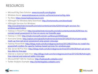 RESOURCES
•   Microsoft Big Data Solution: www.microsoft.com/bigdata
•   Windows Azure: www.windowsazure.com/en-us/home/scenarios/big-data
•   Try Now: https://www.hadooponazure.com
•   HDInsight For Windows Beta Download: http://hortonworks.com/download/
•   HDInsight Services For Windows:
    http://social.technet.microsoft.com/wiki/contents/articles/6204.hdinsight-services-for-
    windows.aspx#videos
•   Hadoop in PowerPivot: http://social.technet.microsoft.com/wiki/contents/articles/6294.how-to-
    connect-excel-powerpivot-to-hive-on-azure-via-hiveodbc.aspx
•   Hadoop in SSIS: http://msdn.microsoft.com/en-us/library/jj720569.aspx
•   Hurricane Sandy: http://sqlcat.com/sqlcat/b/msdnmirror/archive/2013/02/01/hurricane-sandy-
    mash-up-hive-sql-server-powerpivot-amp-power-view.aspx
•   Hadoop PowerShell: http://blogs.msdn.com/b/cindygross/archive/2012/08/23/how-to-install-the-
    powershell-cmdlets-for-apache-hadoop-based-services-for-windows.aspx
•   SQL Server BCP to Hive: http://blogs.msdn.com/b/cindygross/archive/2012/09/28/load-sql-server-
    bcp-data-to-hive.aspx
•   Internal vs External Table Hive: http://blogs.msdn.com/b/cindygross/archive/2013/02/06/hdinsight-
    hive-internal-and-external-tables-intro.aspx
•   Microsoft.NET SDK for Hadoop: http://hadoopsdk.codeplex.com/
•   Twitter Analytics Example: http://twitterbigdata.codeplex.com/
 