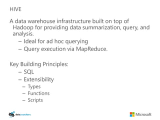 HIVE

A data warehouse infrastructure built on top of
 Hadoop for providing data summarization, query, and
 analysis.
   – Ideal for ad hoc querying
   – Query execution via MapReduce.

Key Building Principles:
   – SQL
   – Extensibility
       – Types
       – Functions
       – Scripts
 