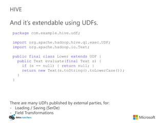 HIVE

And it’s extendable using UDFs.
 package com.example.hive.udf;

 import org.apache.hadoop.hive.ql.exec.UDF;
 import org.apache.hadoop.io.Text;

 public final class Lower extends UDF {
   public Text evaluate(final Text s) {
     if (s == null) { return null; }
     return new Text(s.toString().toLowerCase());
   }
 }




There are many UDFs published by external parties, for:
- Loading / Saving (SerDe)
- Field Transformations
 