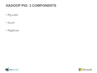HADOOP PIG: 3 COMPONENTS

• Pig Latin

• Grunt

• PigServer
 