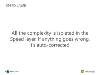SPEED LAYER




   All the complexity is isolated in the
  Speed layer. If anything goes wrong,
            it’s auto-corrected.
 