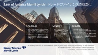 Challenge
• Bank of America Merrill Lynchは Standby
Letter of Credit (SBLC)をマイクロソフトに
確認し、発行する時間の短縮を検討して
いた
• 従来のプロセスは、複数の当事者を含む
コストや時間のかかるマニュアル工程を
必要としており、3週間から5週間程度掛
かっていた
Strategy
• Bank of America Merrill
Lynchは大手企業のファイナ
ンス部門と金融機関の間に
トランザクションを構成す
るブロックチェーンネット
ワークを構築した
Results
• SBLCの発行時間が3日に短縮
• パートナーの信用や財務詳細と認証が自動化
され、リスク軽減を実現
• このソリューションによって、規制当局はア
ンチマネーローンダリングの確認を行うため
のドキュメントをリアルタイムに常時確認す
る事が可能となった
Bank of America Merrill Lynch | トレードファイナンスの簡素化
“By working with Bank of America Merrill Lynch on cloud-based blockchain technology, we aim to increase
efficiency and reduce risk in our own treasury operations”
— Amy Hood, Chief Financial Officer at Microsoft
 