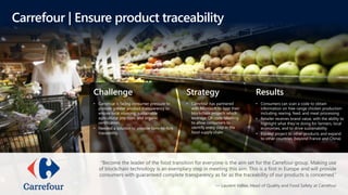 Challenge
• Carrefour is facing consumer pressure to
provide greater product transparency to
ensure local sourcing, sustainable
agricultural practices, and organic
certification.
• Needed a solution to provide farm-to-fork
traceability
Strategy
• Carrefour has partnered
with Microsoft to host their
blockchain projects which
leverage QR code labelling
to allow consumers to
identify every step in the
food supply chain
Results
• Consumers can scan a code to obtain
information on free-range chicken production
including rearing, feed, and meat processing
• Retailer receives brand value, with the ability to
highlight what they’re doing for farmers, local
economies, and to drive sustainability
• Expand project to other products and expand
to other countries (beyond France and China)
Carrefour | Ensure product traceability
“Become the leader of the food transition for everyone is the aim set for the Carrefour group. Making use
of blockchain technology is an exemplary step in meeting this aim. This is a first in Europe and will provide
consumers with guaranteed complete transparency as far as the traceability of our products is concerned.”
— Laurent Vallée, Head of Quality and Food Safety at Carrefour
 