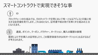 ID
ブロックチェーンの仕組みでは、そのネットワーク空間において唯一となるアドレスと印鑑に相
当する秘密鍵を発行します。これはIDとなり、証明書や紙の発行を無くす仕組みの土台
となりえます。
通貨、ポイント、クーポン、バウチャー、オークション、購入の履歴の表現
履歴により予約購入の証明をしたり、この履歴価値そのものをオークションに出品するなど
が考えられます。
 