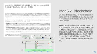 75
MaaSにおける利⽤者のリスク低減をテーマに、マ
イクロソフトのパブリッククラウドプラットフォームであ
る Microsoft Azure ベースの Blockchain を活
⽤した合同ハックフェストを実施し、その有⽤性を
検証。機能を実装するにあたり、日本マイクロソ
フトは、コンソーシアム型 Blockchain プラット
フォームである Azure Blockchain Service を使
⽤。
MaaSｘ Blockchain
JR 東日本情報システム、みずほ情報総研株式
会社、日本生命保険相互会社、あいおいニッセ
イ同和損害保険株式会社、株式会社 MaaS
Tech Japan
 
