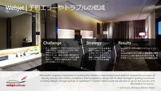 Challenge
• 日々、Webjetから予約されるホテルへの
大量の予約トランザクションの不一致の
経験からこれらを低減する
• 予約エラーは、顧客の体験に悪影響をも
たらし、Webjetとパートナーの間の信頼
を損ない、財務的な損失も考えうる為、
これを改善したかった
Strategy
• Webjetはすべての当事者が
確認する事ができる、 予約
と支払いのプロセスをス
マートコントラクトとして
開発し合理化する事で予約
エラーやトラブルを低減
Results
• Webjetとパートナー間のアカウンタビリティ
向上
• Webjetの競争力向上と新しい業界標準の策定
• Webjetによる旅行業界全体の取引の促進、旅
行予約ソリューションそのものの再販を実現
Webjet | 予約エラーやトラブルの低減
“Microsoft’s ongoing investments in building the industry’s most trusted cloud platform around the principles of
security, privacy and control, compliance and transparency, along with its deep heritage in guiding businesses,
including Webjet, through periods of significant IT transformation made the decision to go on this journey with
Microsoft a no-brainer”
— John Guscic, Managing Director, Webjet
 