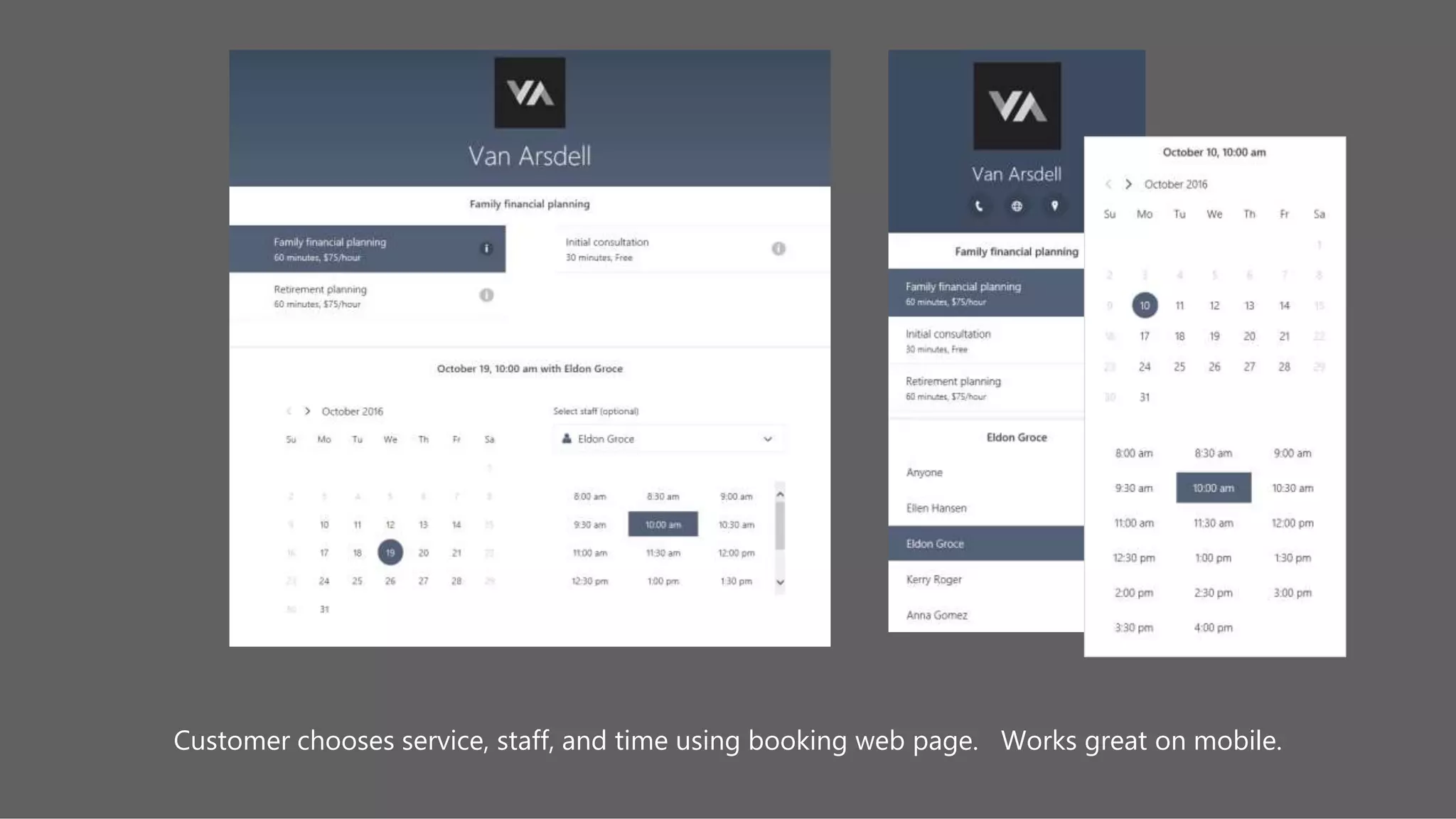 Customer chooses service, staff, and time using booking web page. Works great on mobile.
 