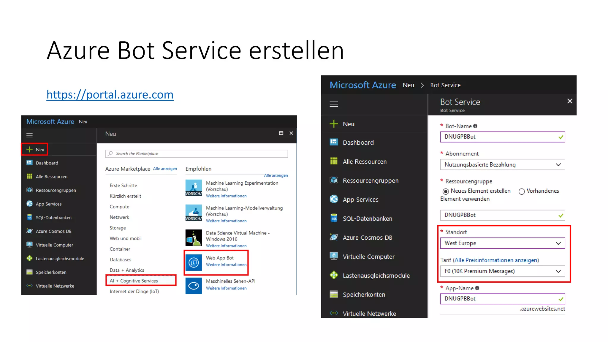 Azure Bot Service erstellen https://portal.azure.com 
