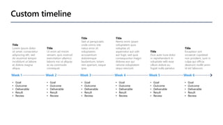 Custom timeline
Week 1 Week 2 Week 3 Week 4 Week 5 Week 6
Title
Lorem ipsum dolor
sit amet, consectetur
adipiscing elit, sed
do eiusmod tempor
incididunt ut labore
et dolore magna
aliqua.
• Goal
• Outcome
• Deliverable
• Result
• Review
Title
Ut enim ad minim
veniam, quis nostrud
exercitation ullamco
laboris nisi ut aliquip
ex ea commodo
consequat.
• Goal
• Outcome
• Deliverable
• Result
• Review
Title
Sed ut perspiciatis
unde omnis iste
natus error sit
voluptatem
accusantium
doloremque
laudantium, totam
rem aperiam, eaque
ipsa.
• Goal
• Outcome
• Deliverable
• Result
• Review
Title
Nemo enim ipsam
voluptatem quia
voluptas sit
aspernatur aut odit
aut fugit, sed quia
consequuntur magni
dolores eos qui
ratione voluptatem
sequi nesciunt.
• Goal
• Outcome
• Deliverable
• Result
• Review
Title
Duis aute irure dolor
in reprehenderit in
voluptate velit esse
cillum dolore eu
fugiat nulla pariatur.
• Goal
• Outcome
• Deliverable
• Result
• Review
Title
Excepteur sint
occaecat cupidatat
non proident, sunt in
culpa qui officia
deserunt mollit anim
id est laborum.
• Goal
• Outcome
• Deliverable
• Result
• Review
 