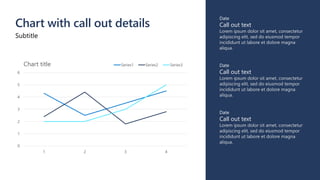 Chart with call out details
Subtitle
0
1
2
3
4
5
6
1 2 3 4
Chart title Series1 Series2 Series3
Date
Call out text
Lorem ipsum dolor sit amet, consectetur
adipiscing elit, sed do eiusmod tempor
incididunt ut labore et dolore magna
aliqua.
Date
Call out text
Lorem ipsum dolor sit amet, consectetur
adipiscing elit, sed do eiusmod tempor
incididunt ut labore et dolore magna
aliqua.
Date
Call out text
Lorem ipsum dolor sit amet, consectetur
adipiscing elit, sed do eiusmod tempor
incididunt ut labore et dolore magna
aliqua.
 